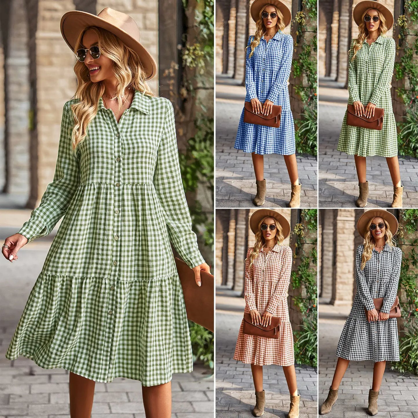 Plaid Casual Dress with Wide Hem and Long Sleeves