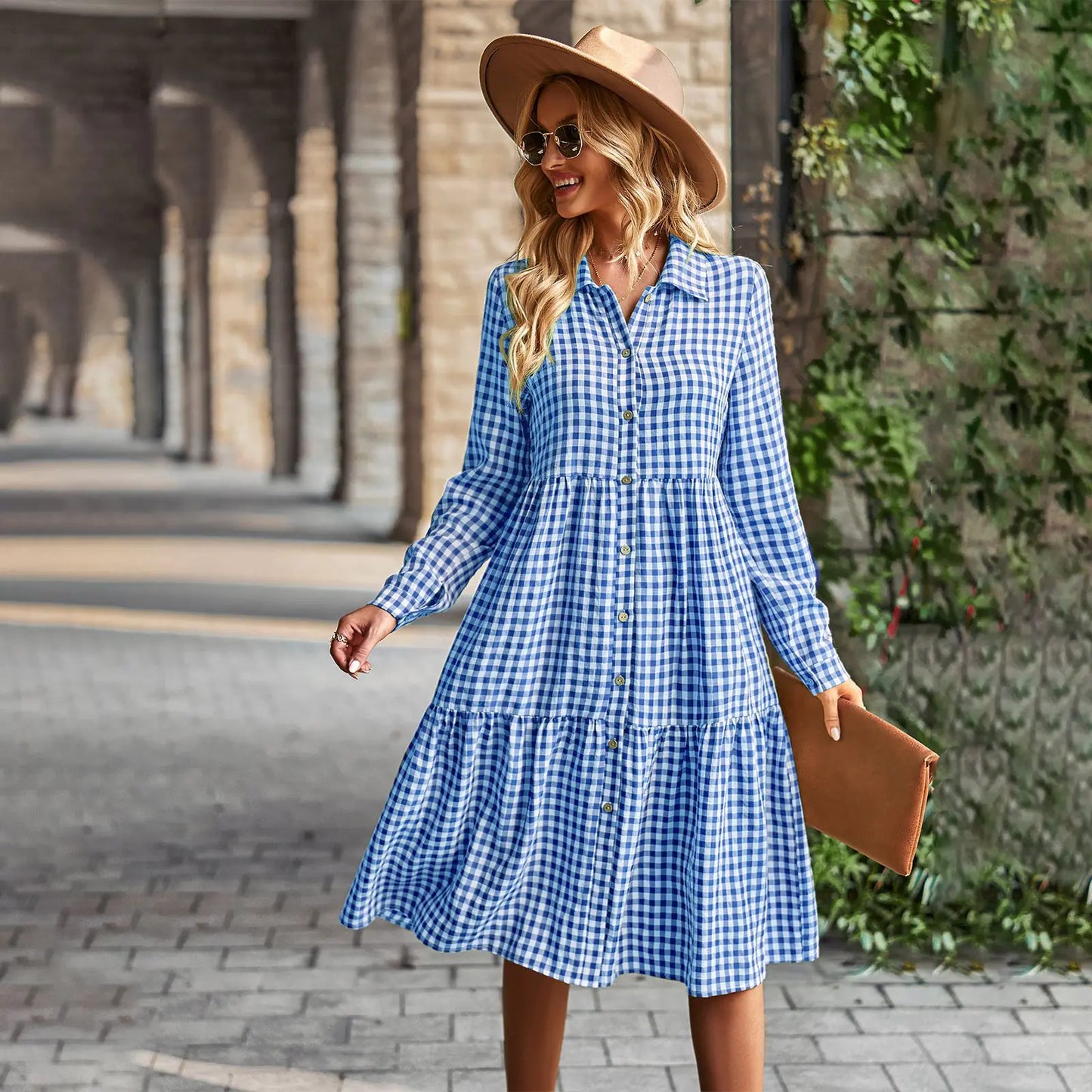 Plaid Casual Dress with Wide Hem and Long Sleeves