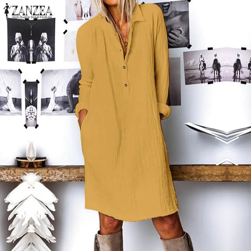 Trendy Cotton-Linen Long Sleeve Dress for Women