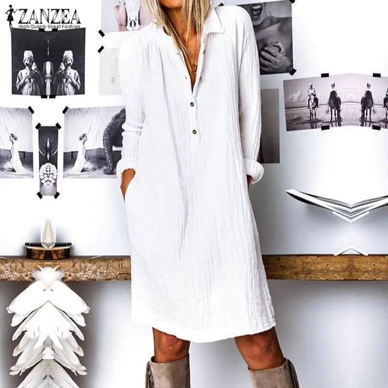 Trendy Cotton-Linen Long Sleeve Dress for Women