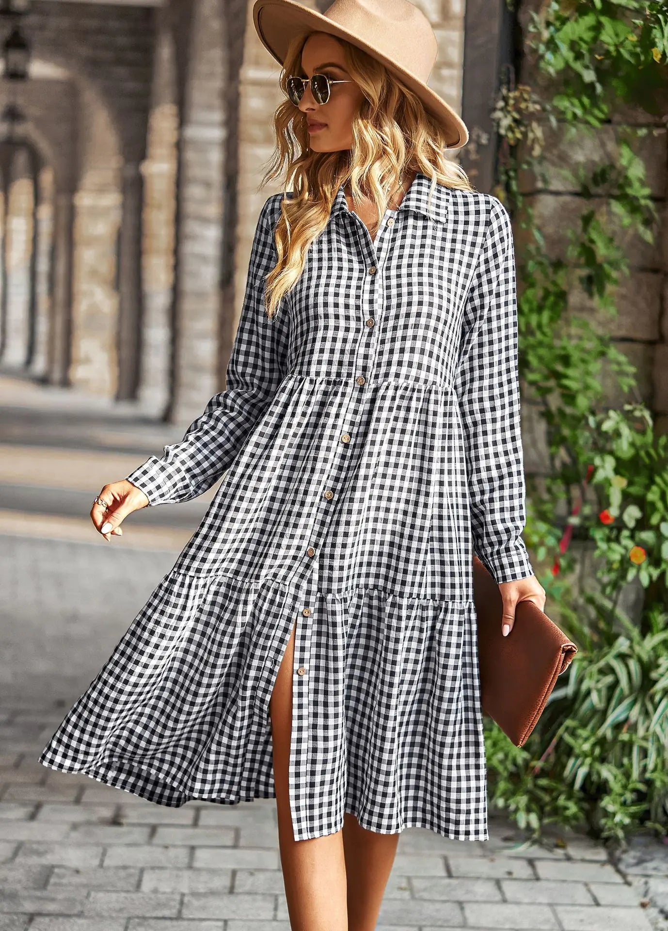 Plaid Casual Dress with Wide Hem and Long Sleeves