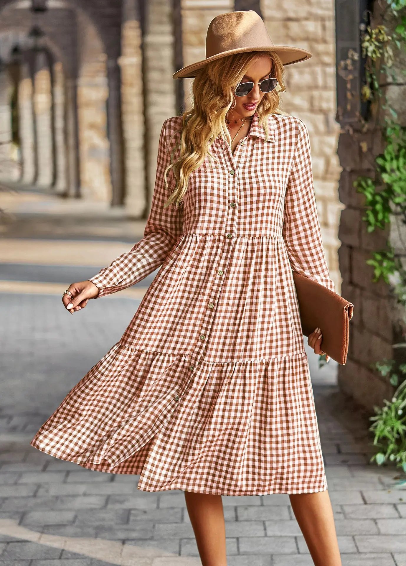 Plaid Casual Dress with Wide Hem and Long Sleeves