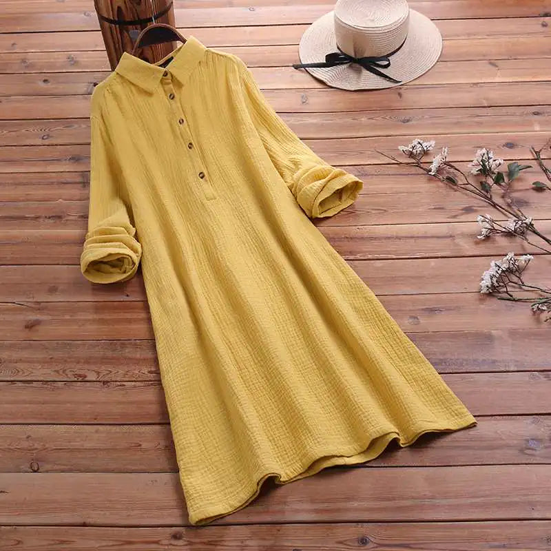 Trendy Cotton-Linen Long Sleeve Dress for Women