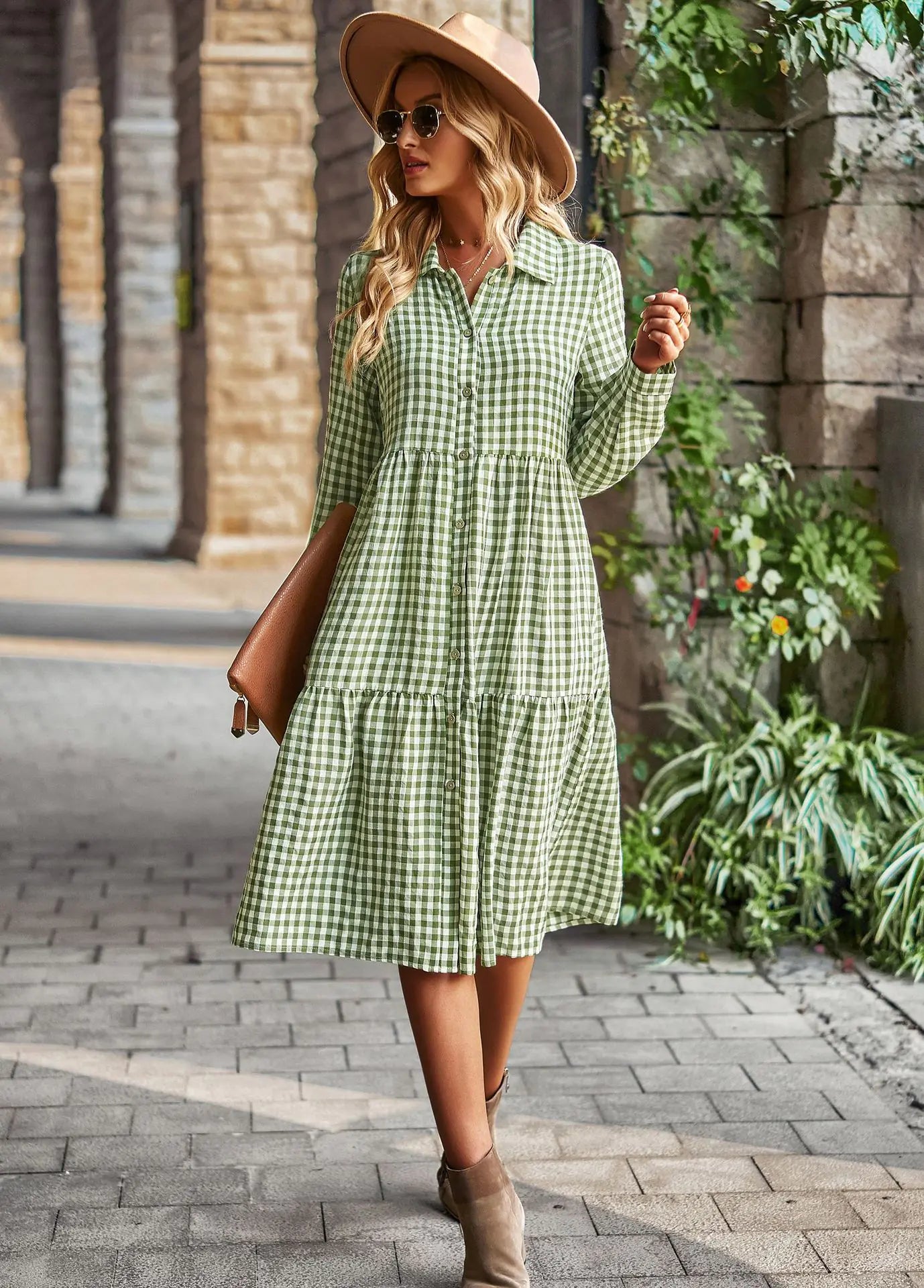 Plaid Casual Dress with Wide Hem and Long Sleeves
