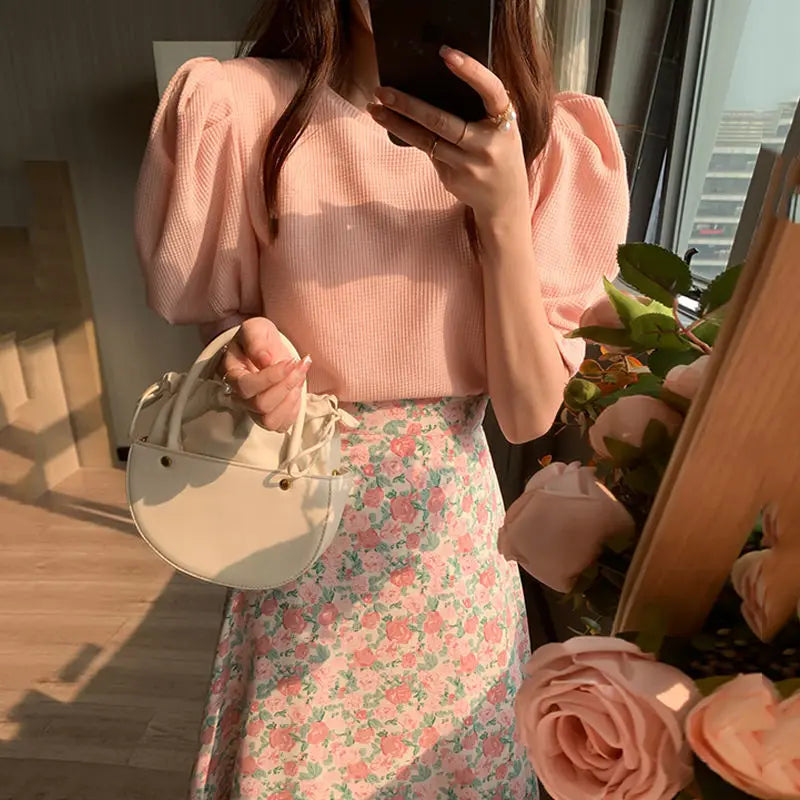 2024 Pink Chiffon Two-Piece Skirt and Top Set