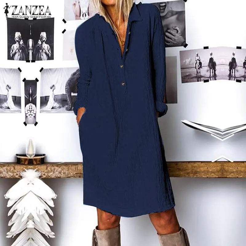 Trendy Cotton-Linen Long Sleeve Dress for Women