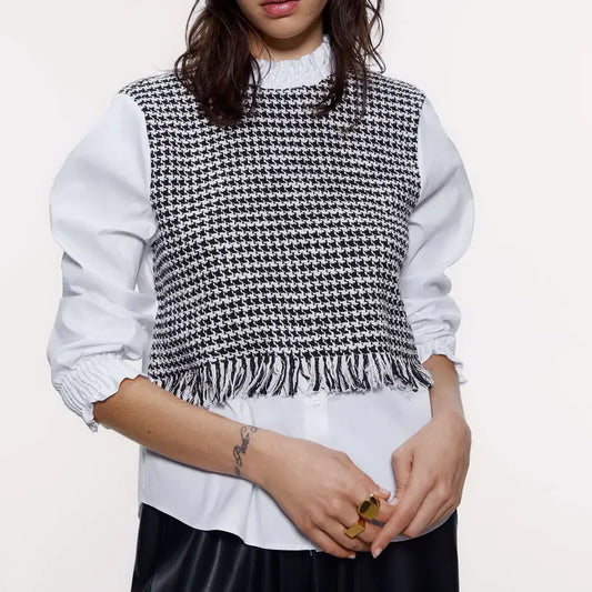 Tweed Panelled Shirt with Sweater Design