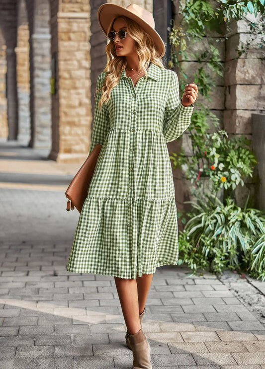 Plaid Casual Dress with Wide Hem and Long Sleeves