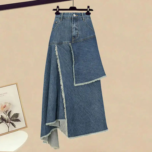 Spring Retro High Waist Irregular Denim Skirts for Women
